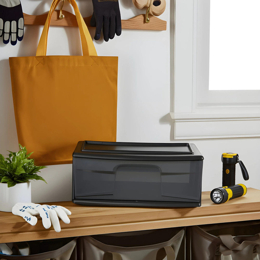 Homz Plastic 1 Drawer Wide Storage Cart, Black with Smoke Drawer, 2pk (Open Box)