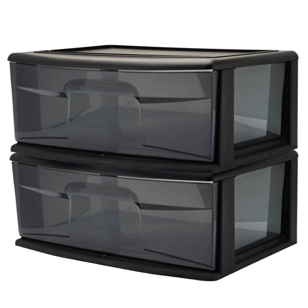 Homz Plastic 1 Drawer Wide Storage Cart, Black with Smoke Drawer, 2pk (Open Box)
