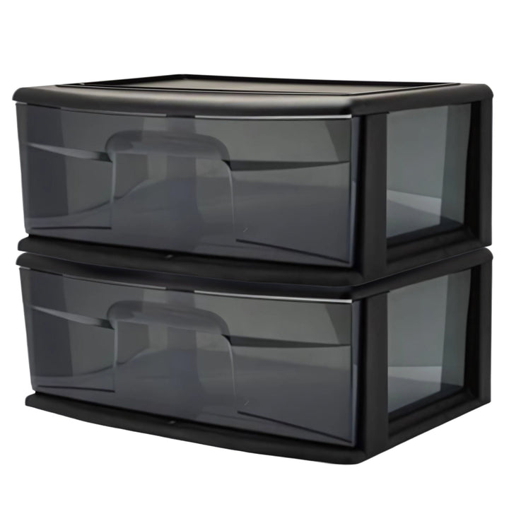 Homz Plastic 1 Drawer Wide Storage Cart, Black with Smoke Drawer, 2pk (Open Box)