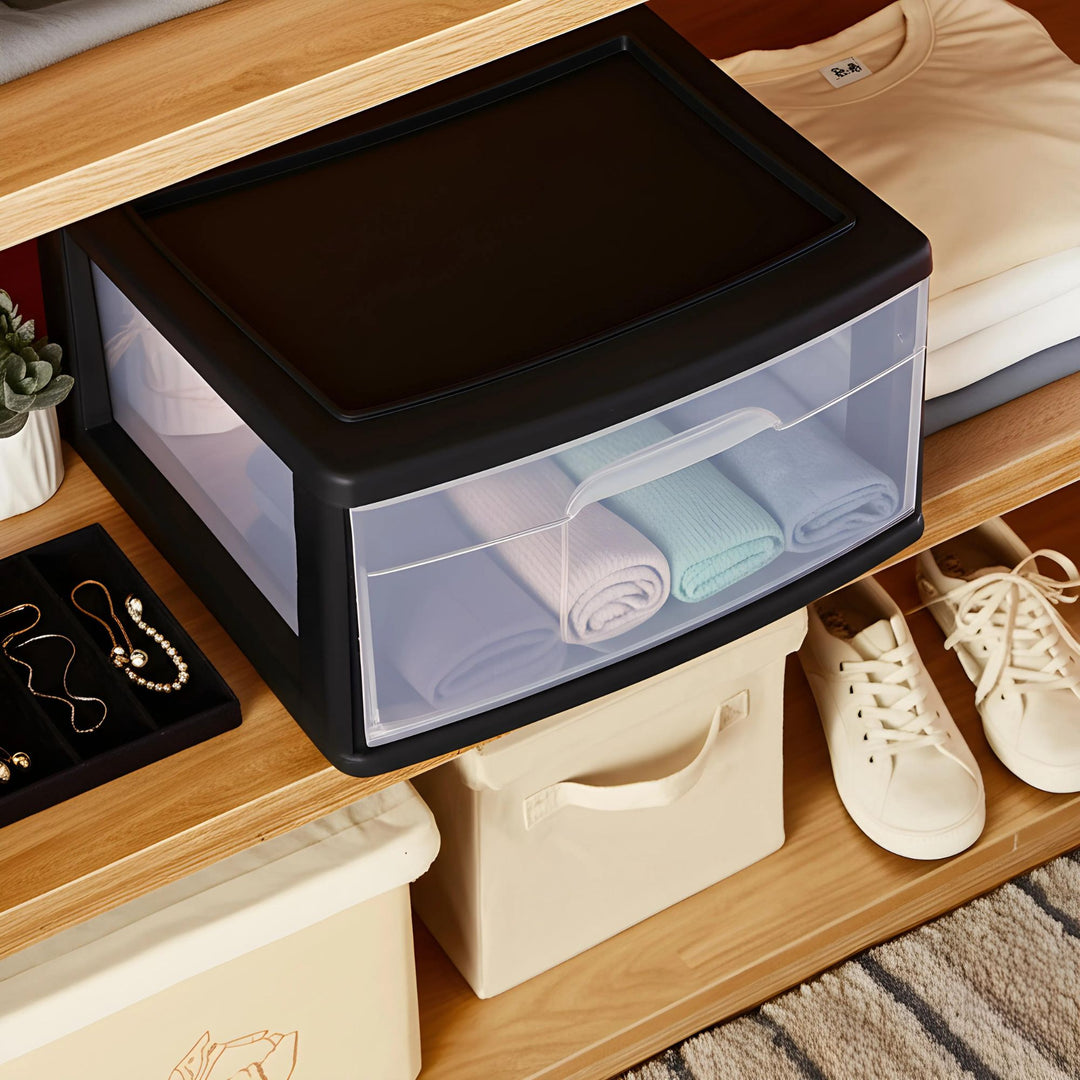 Homz Plastic 1 Drawer Wide Storage Cart, Black Frame with Clear Drawer, 2 Pack