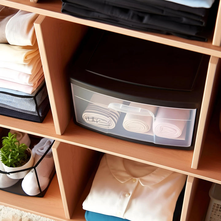 Homz Plastic 1 Drawer Wide Storage Cart, Black Frame with Clear Drawer, 2 Pack