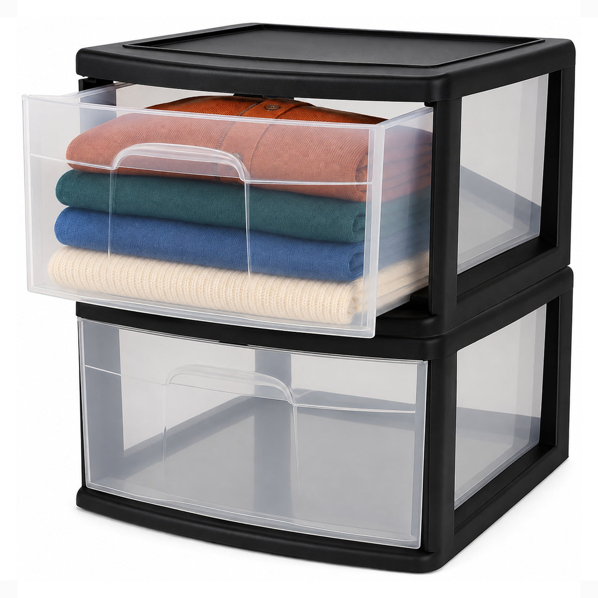 Homz Plastic 1 Drawer Wide Storage Cart, Black Frame with Clear Drawer, 2 Pack