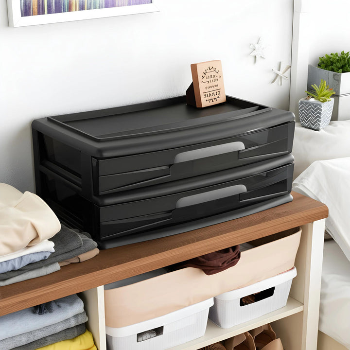Homz Plastic 2 Drawer Wide Storage Cart, Black Frame with Smoke Drawer, 2 Pack