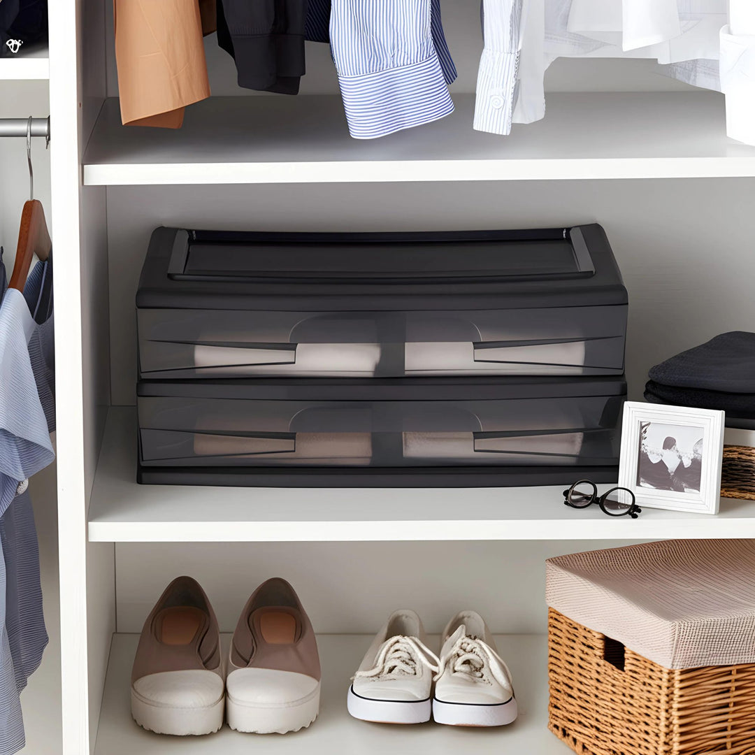 Homz Plastic 2 Drawer Wide Storage Cart, Black with Smoke Drawer, 2PK (Open Box) - VMInnovations