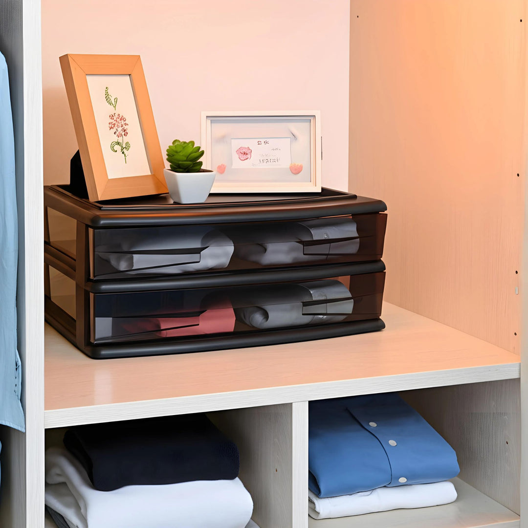 Homz Plastic 2 Drawer Wide Storage Cart, Black Frame with Smoke Drawer, 2 Pack