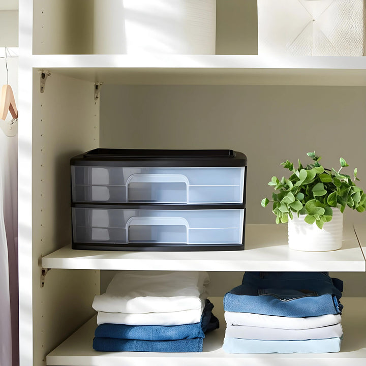 Homz Plastic 2 Drawer Wide Storage Cart, Black Frame with Clear Drawer, 2 Pack