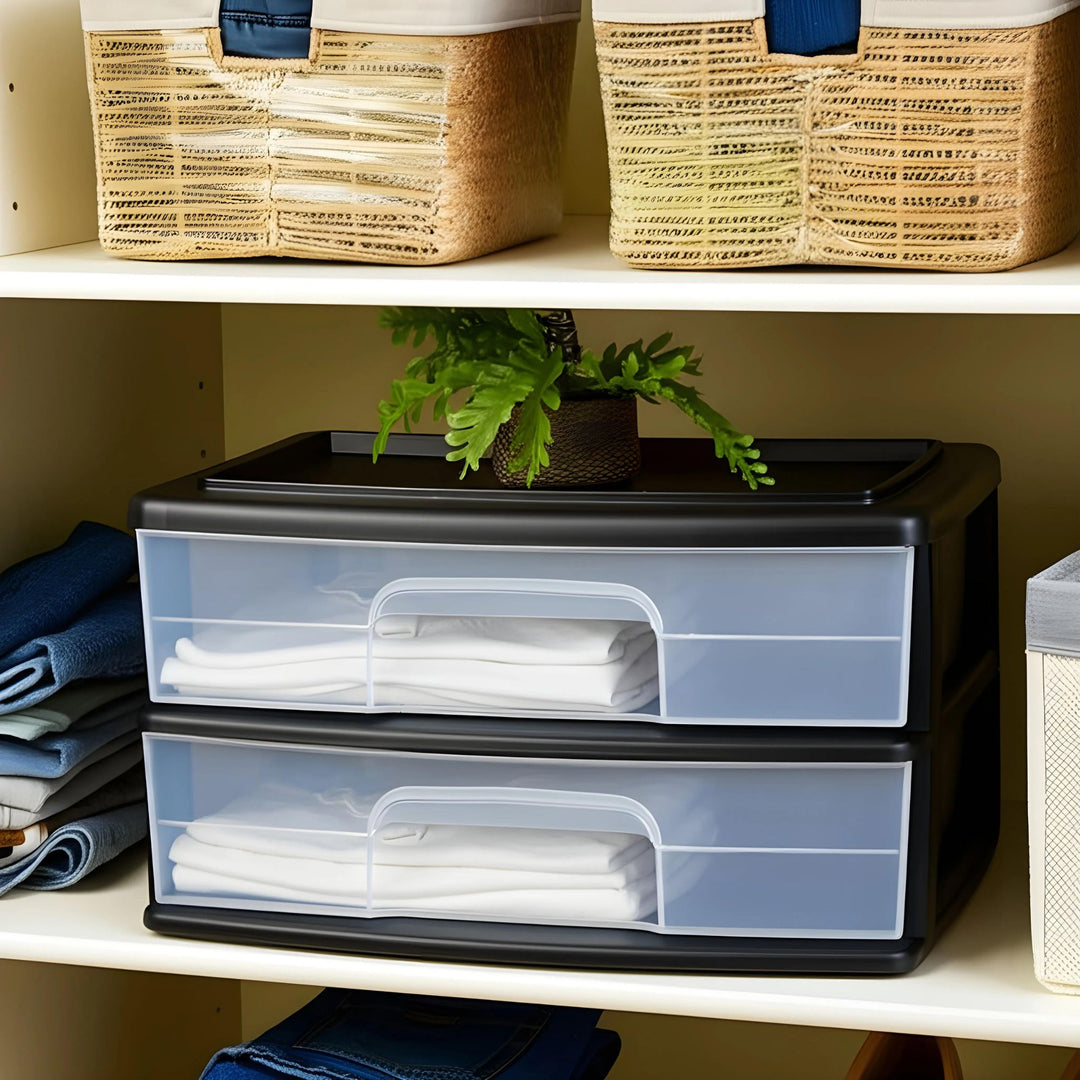 Homz Plastic 2 Drawer Wide Storage Cart, Black w/ Clear Drawer, 2pk (Open Box)