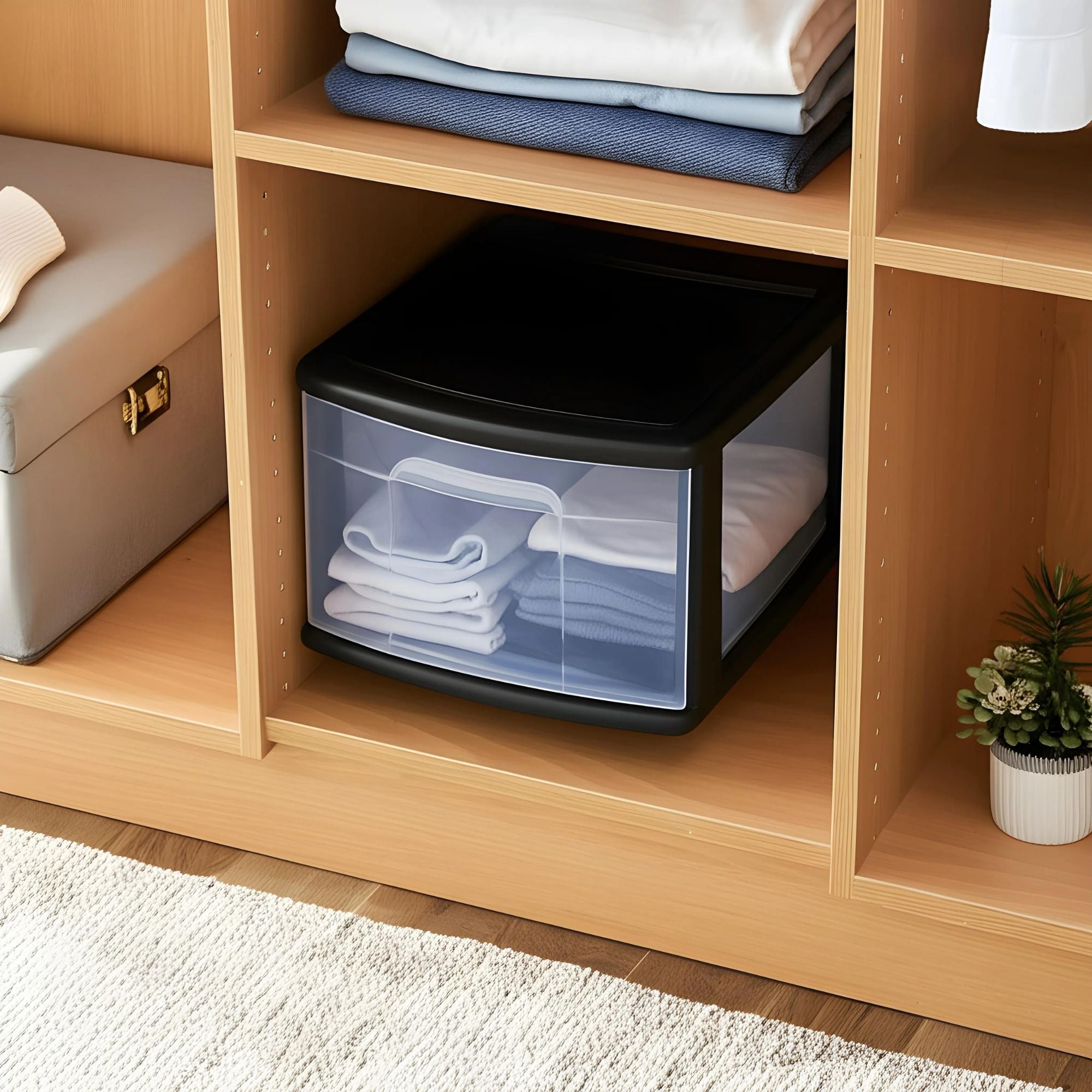 Homz Plastic 1 Drawer Medium Storage Cart, Black Frame with Clear Drawer, 2 Pack