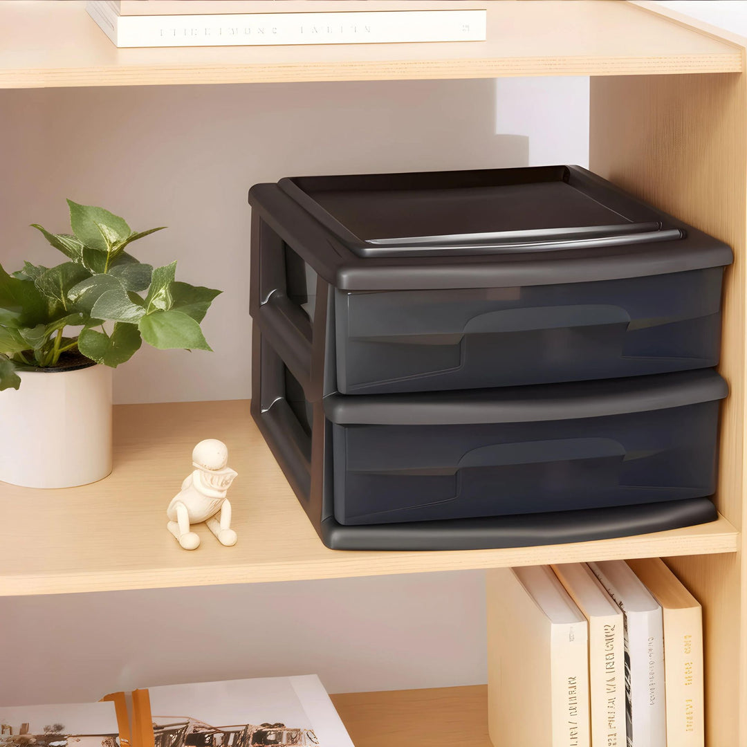 Homz Plastic 2 Drawer Medium Storage Cart, Black with Smoke Drawer 2PK(Open Box)