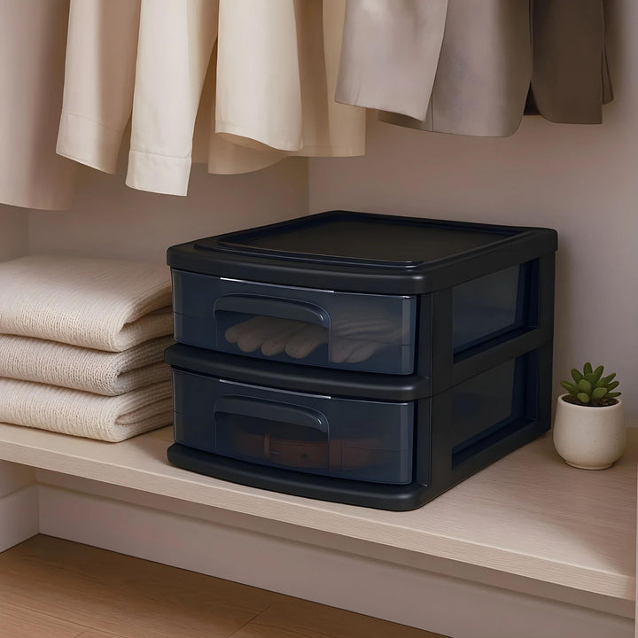 Homz Plastic 2 Drawer Medium Storage Cart, Black with Smoke Drawer 2PK(Open Box)