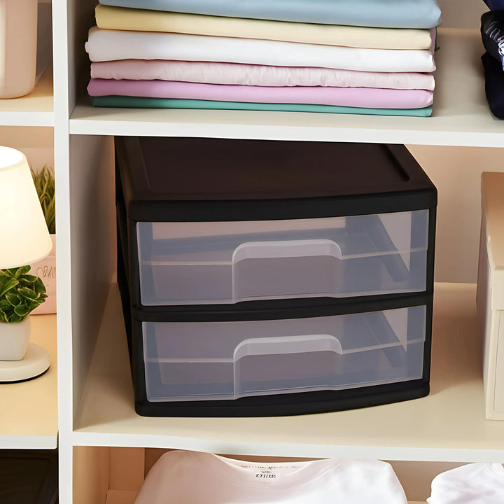 Homz Plastic 2 Drawer Medium Storage Cart, Black w/ Clear Drawer, 2pk (Open Box)