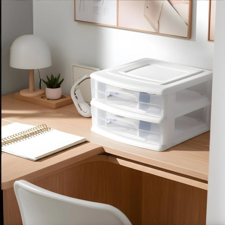 Homz Plastic 2 Drawer Medium Storage Cart, White with Clear Drawer 2pk(Open Box)
