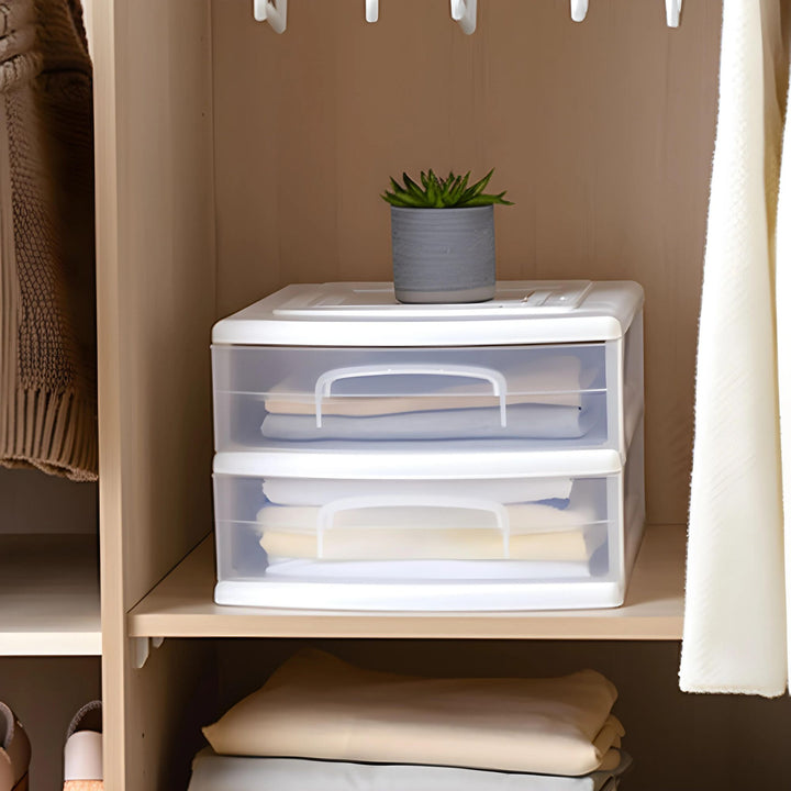 Homz Plastic 2 Drawer Medium Storage Cart, White Frame with Clear Drawer, 2 Pack