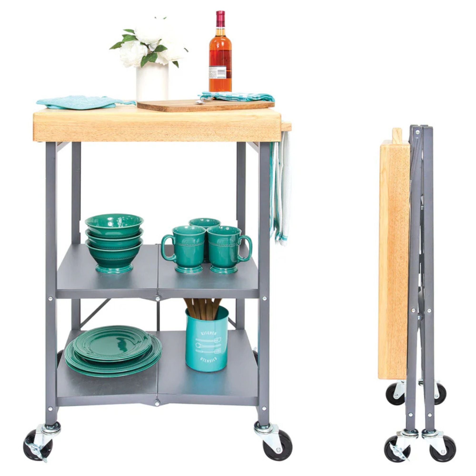Origami Foldable Kitchen Island Cart, Wheeled Rolling Storage Cart with Shelves - VMInnovations