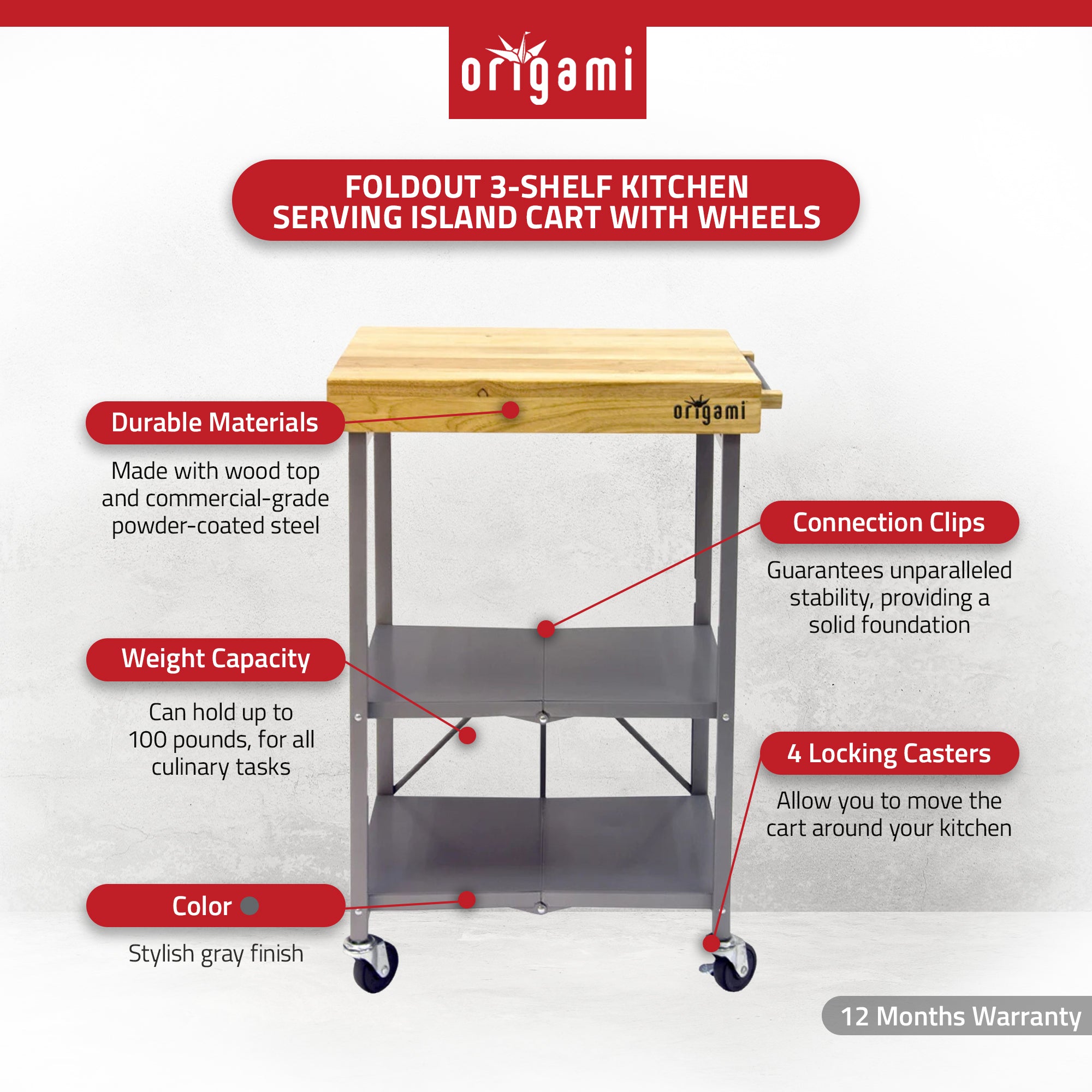 Origami Foldable Kitchen Island Cart, Wheeled Rolling Storage Cart with Shelves - VMInnovations