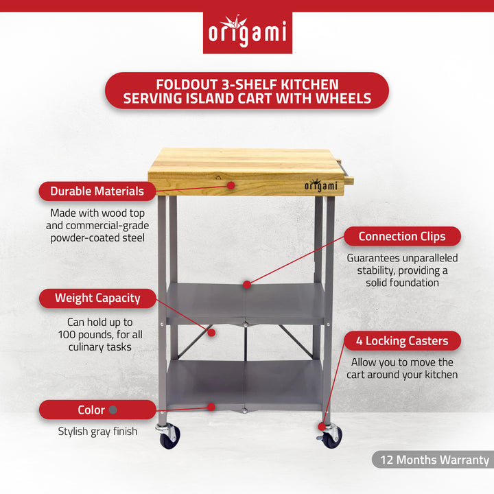 Origami Foldable Kitchen Island Cart, Wheeled Rolling Storage Cart with Shelves