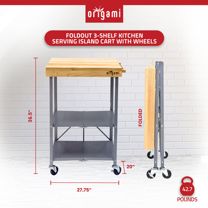 Origami Foldable Kitchen Island Cart, Wheeled Rolling Storage Cart with Shelves