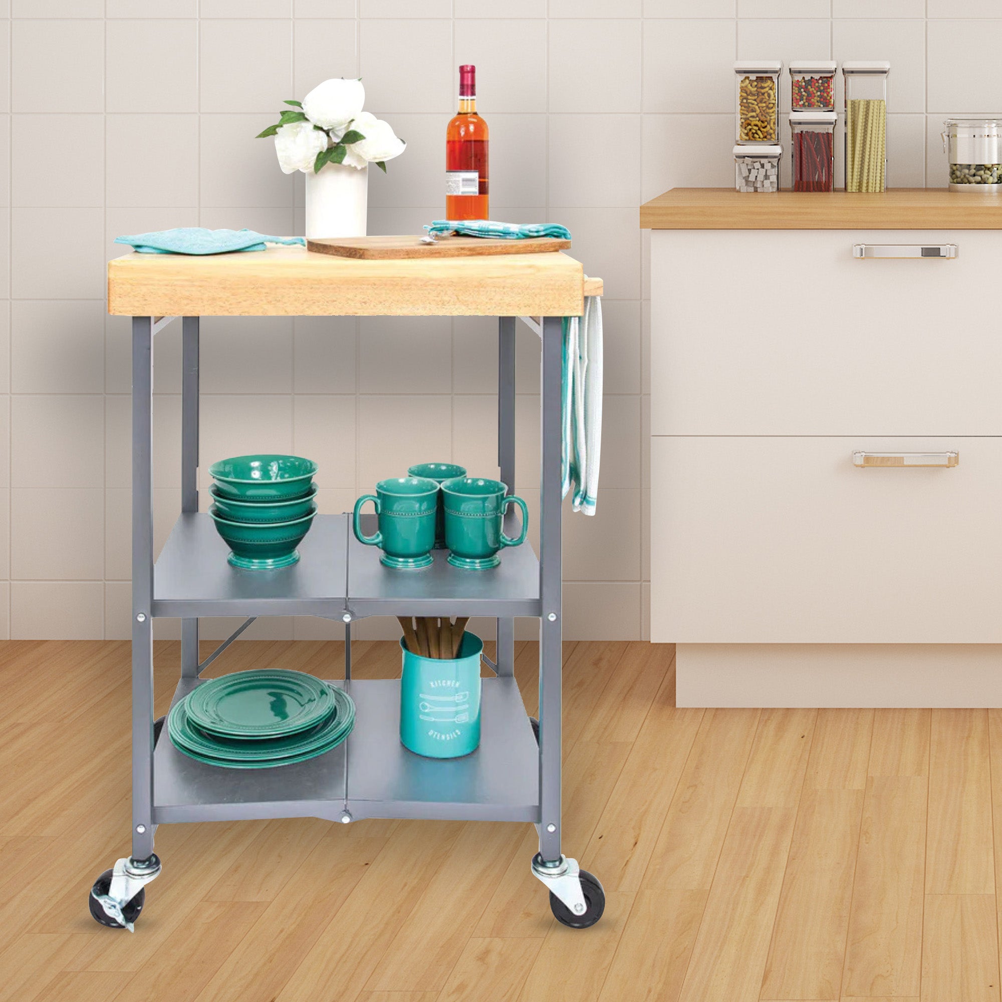 Origami Foldable Kitchen Island Cart, Wheeled Rolling Storage Cart with Shelves - VMInnovations
