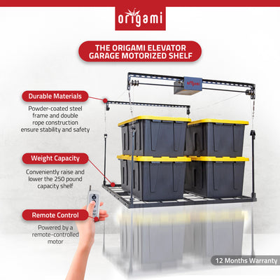 Origami Motorized Garage Ceiling Storage Rack, 52" x 25" Overhead Lift System - VMInnovations