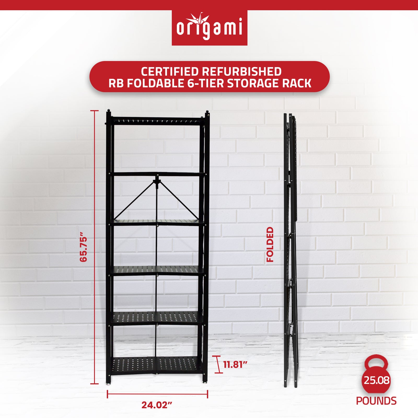 Origami RB Foldable 6 Tier Rack, Wheels, Tall/Slim, Black, Certified Refurbished - VMInnovations