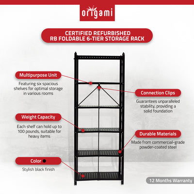 Origami RB Foldable 6 Tier Rack, Wheels, Tall/Slim, Black, Certified Refurbished - VMInnovations