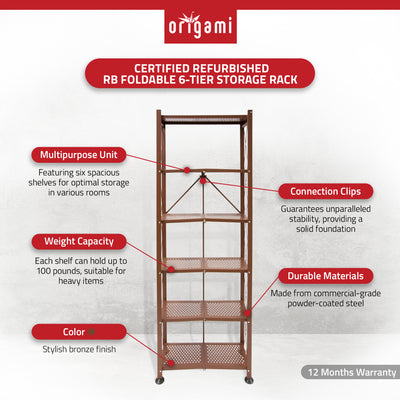 Origami RB Foldable 6 Tier Rack, Wheels Tall/Slim, Bronze, Certified Refurbished - VMInnovations