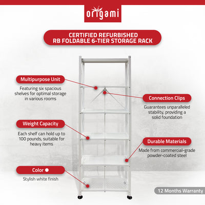 Origami RB Foldable 6 Tier Rack, Wheels, Tall/Slim, White, (Open Box) - VMInnovations