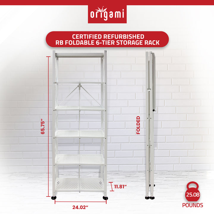 Origami RB Foldable 6 Tier Rack, Wheels, Tall/Slim, White, (Open Box) - VMInnovations