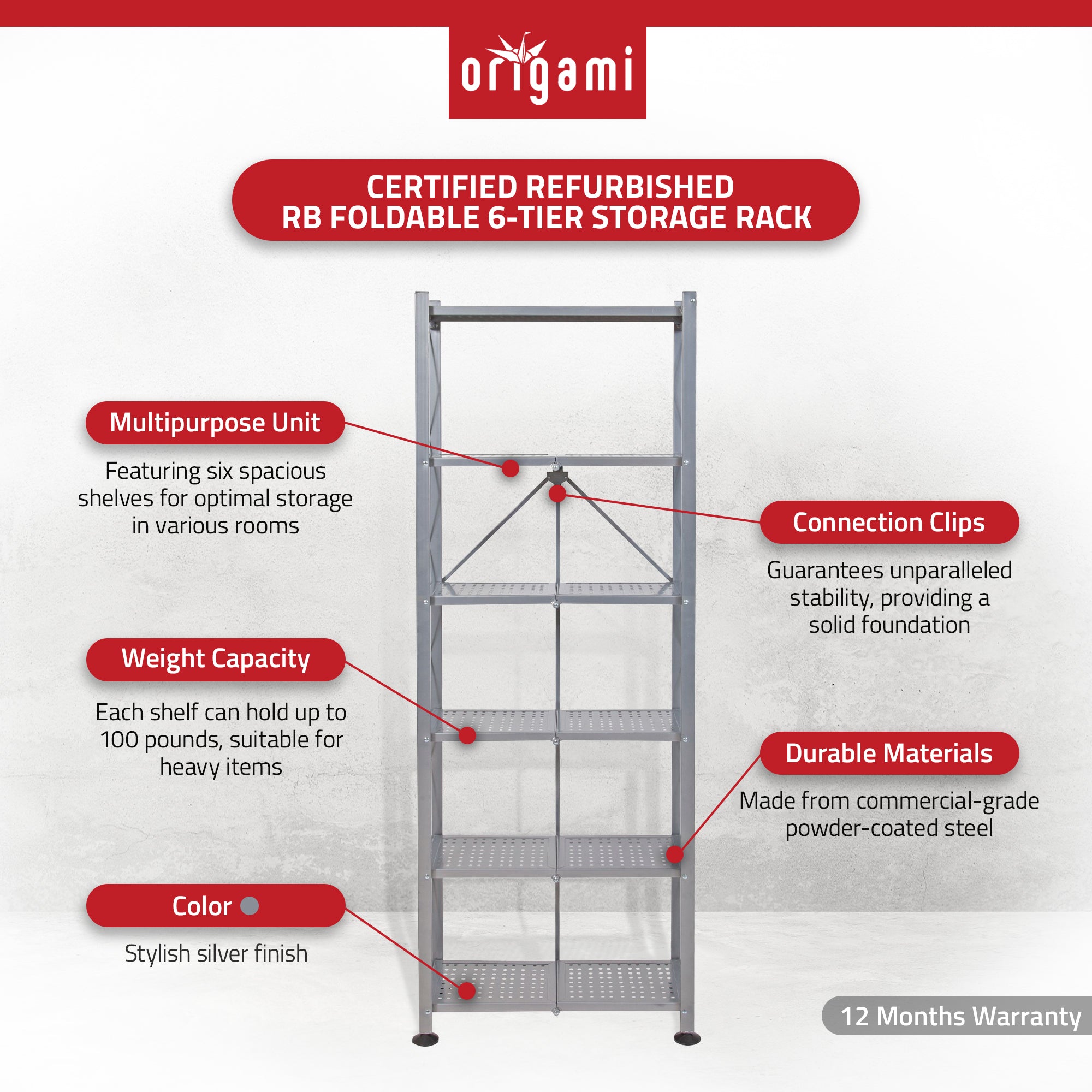 Origami RB Foldable 6 Tier Rack, Wheels Tall/Slim, Silver, Certified Refurbished - VMInnovations