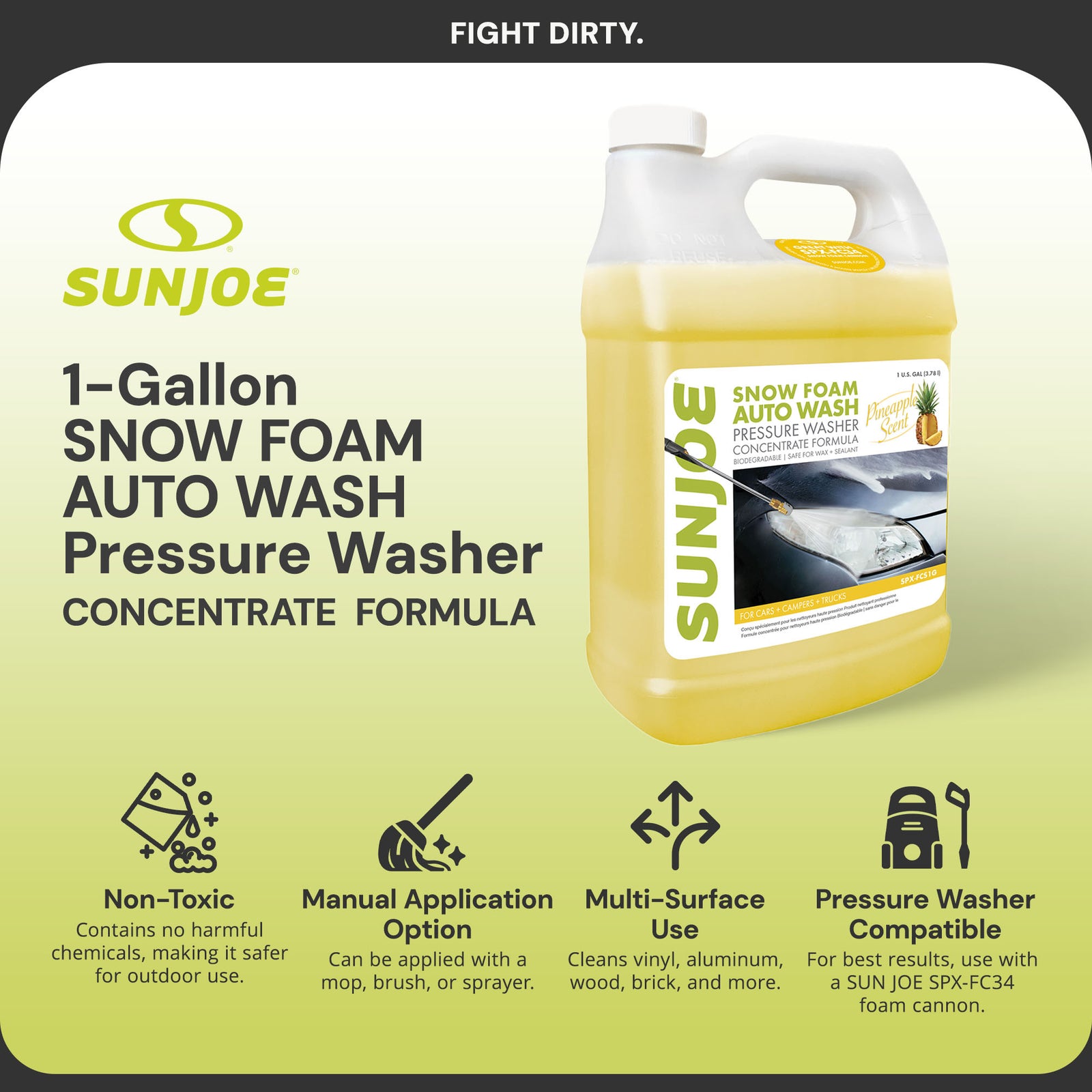 Sun Joe Premium Snow Foam Pineapple Scent Car Wash Soap & Cleaner, 1 Gal, FCS1G - VMInnovations