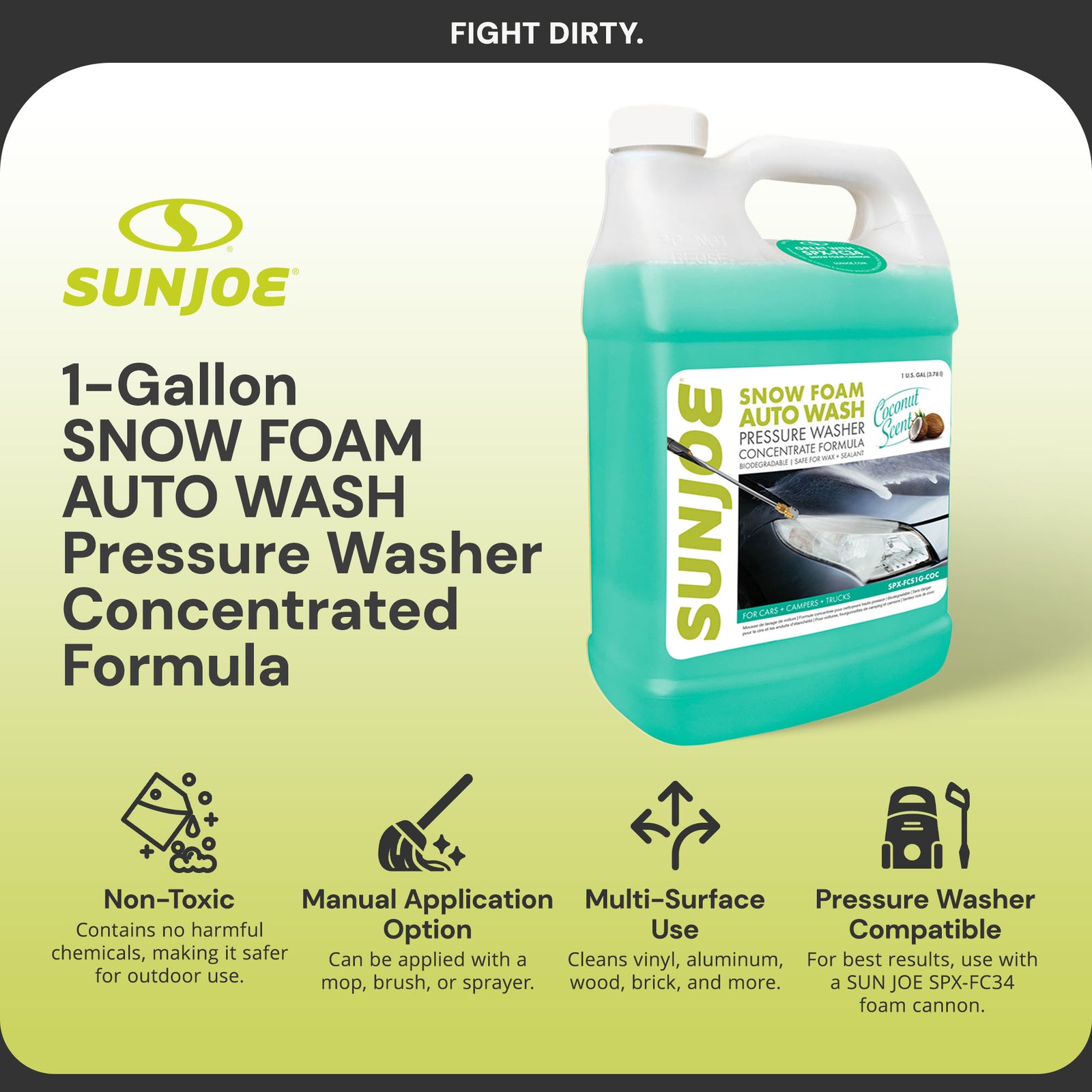 Sun Joe Premium Snow Foam Coconut Scent Car Washing Soap & Cleaner, 1 Gallon - VMInnovations