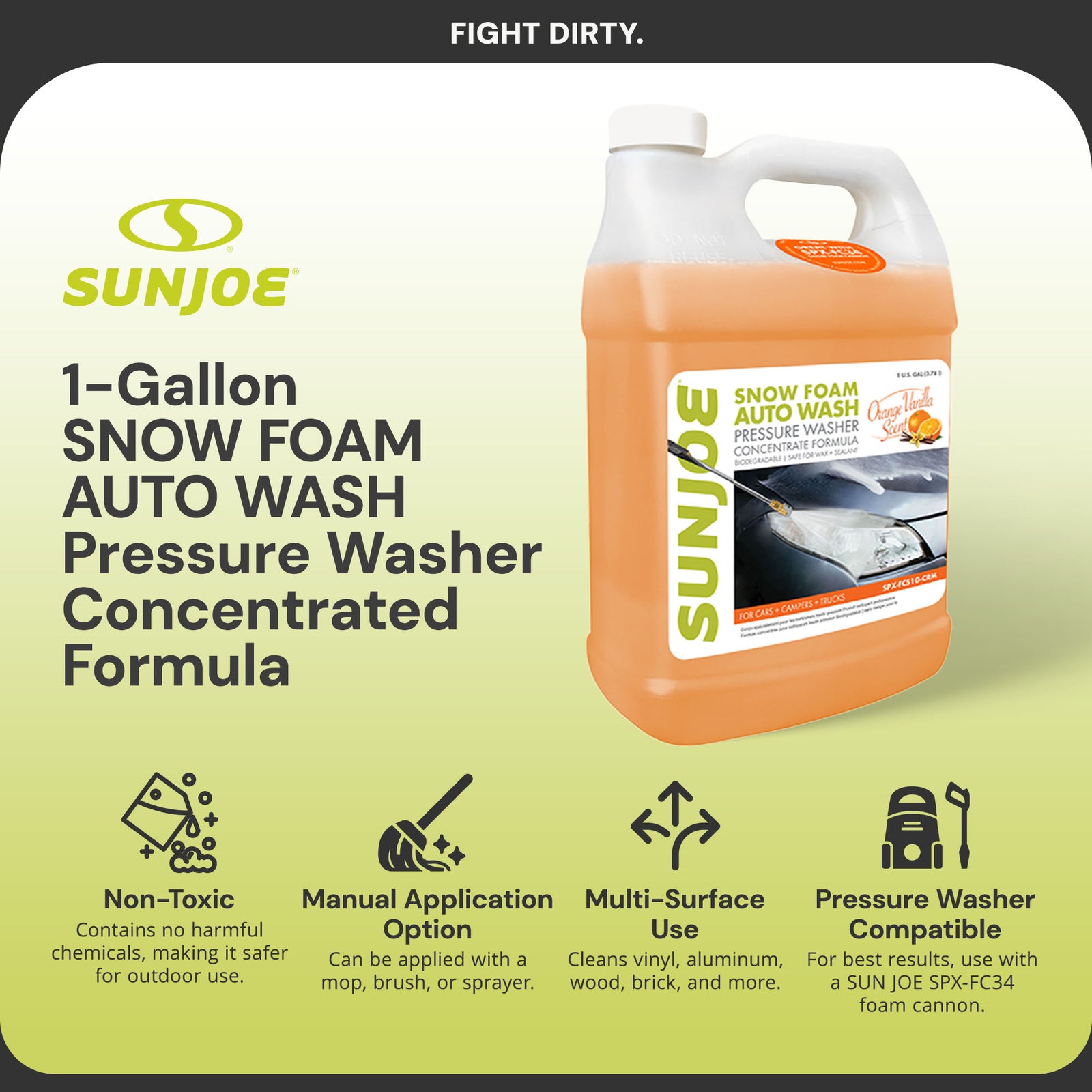 Sun Joe Premium Snow Foam Car Soap Cleaner, 1 Gal, Orange-Vanilla, SPX-FCS1G-CRM - VMInnovations