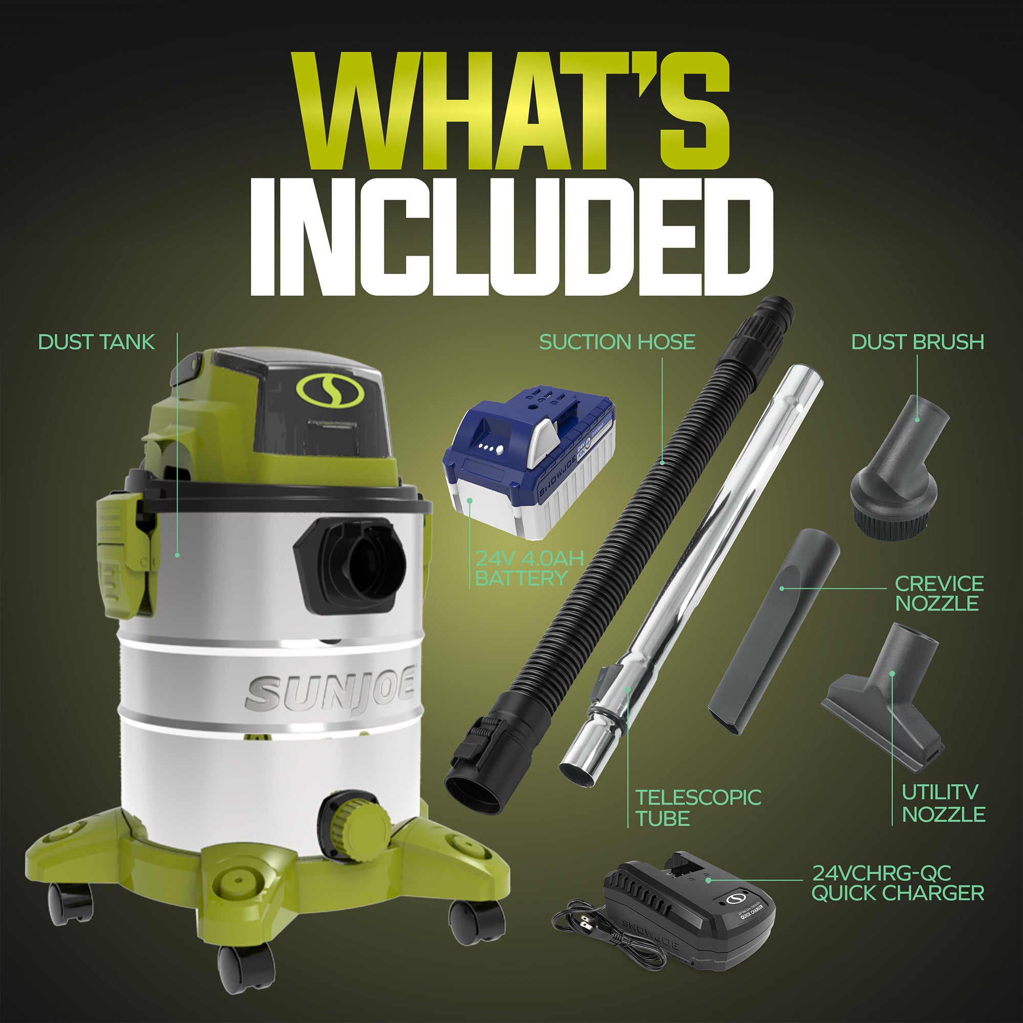 Sun Joe 24V Cordless Stainless Steel Wet or Dry Vacuum Kit, 5.3 Gal (Open Box)