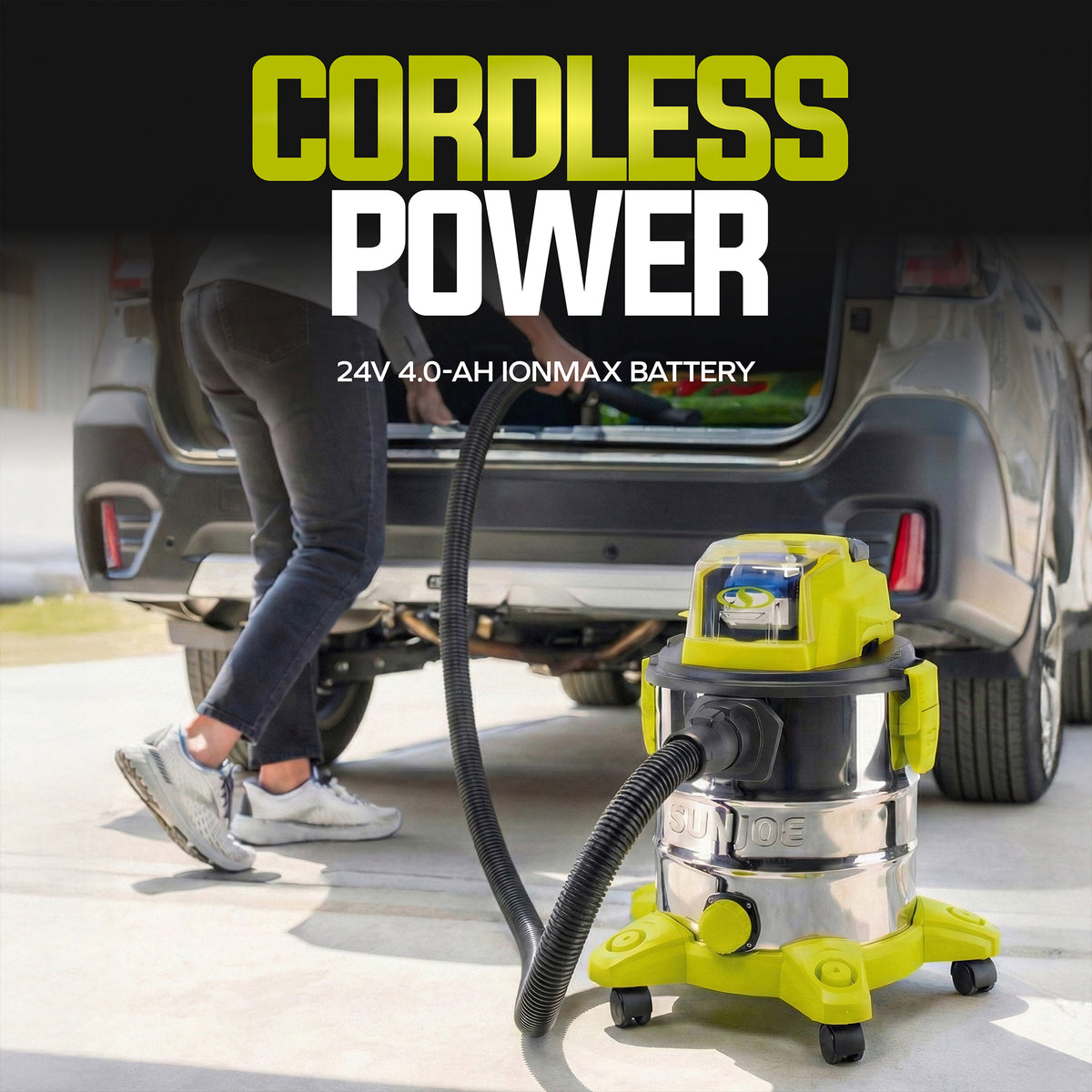 Sun Joe 24V Cordless Stainless Steel Wet or Dry Vacuum Kit, 5.3 Gal (Open Box)
