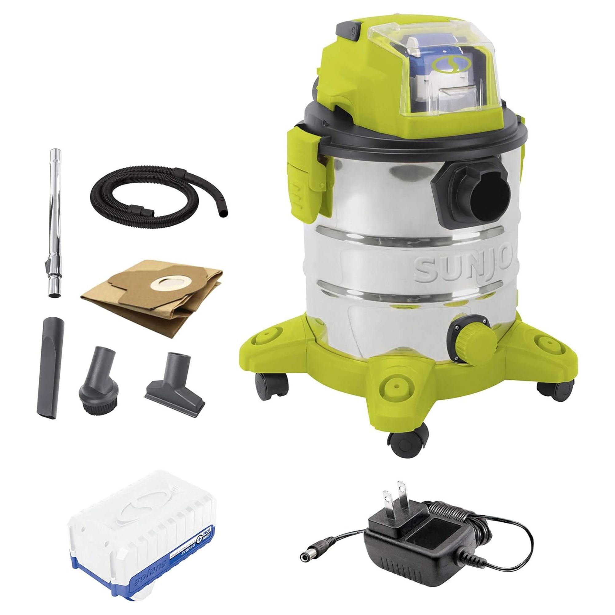 Sun Joe 24V Cordless Stainless Steel Wet or Dry Vacuum Kit, 5.3 Gal (Open Box)