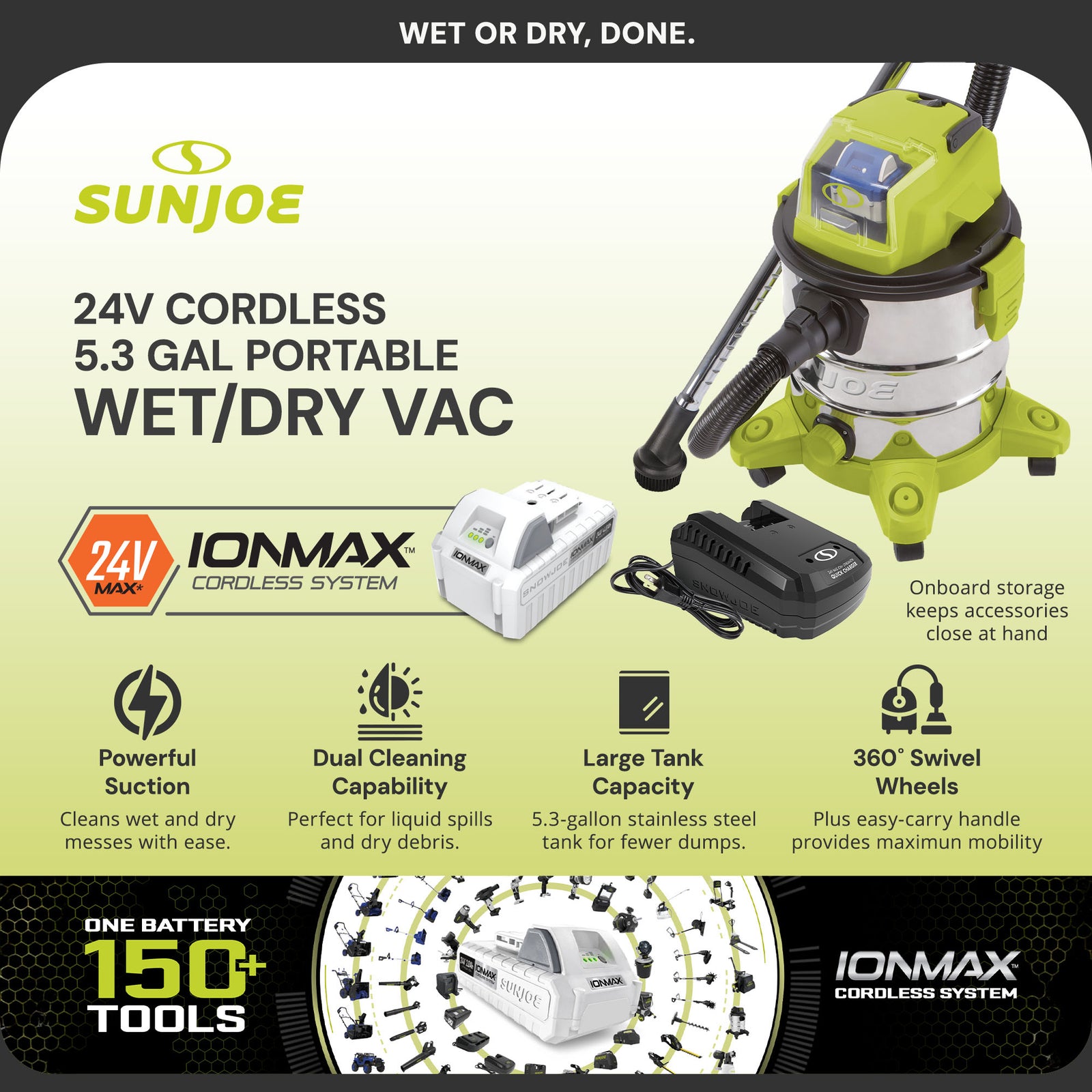 Sun Joe 24V Cordless Stainless Steel Wet or Dry Vacuum Kit, 5.3 Gal, 24V-WDV6000 - VMInnovations