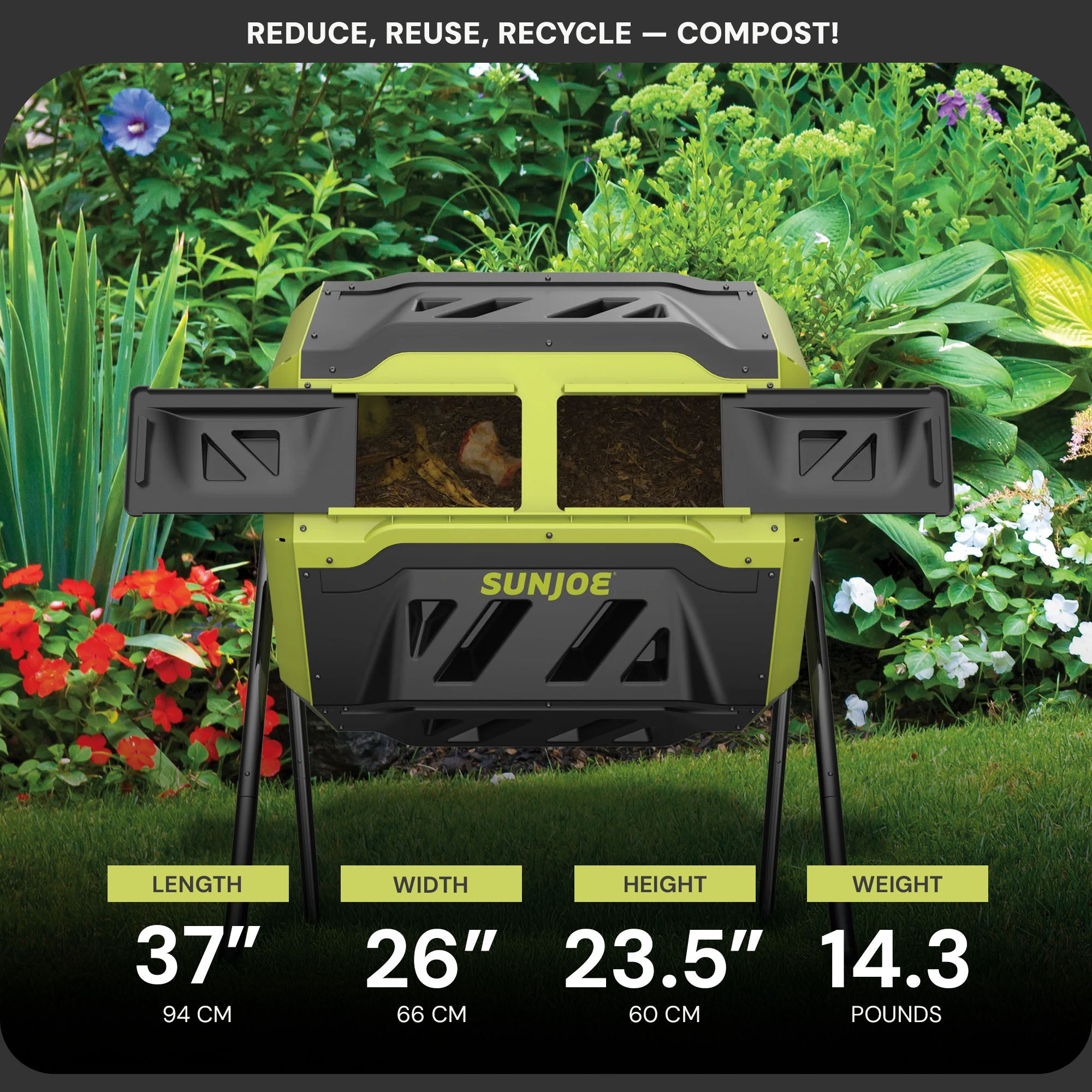 Sun Joe Dual Chamber Tumbling Composter, Advanced Aeration, 42 Gallon (Open Box) - VMInnovations
