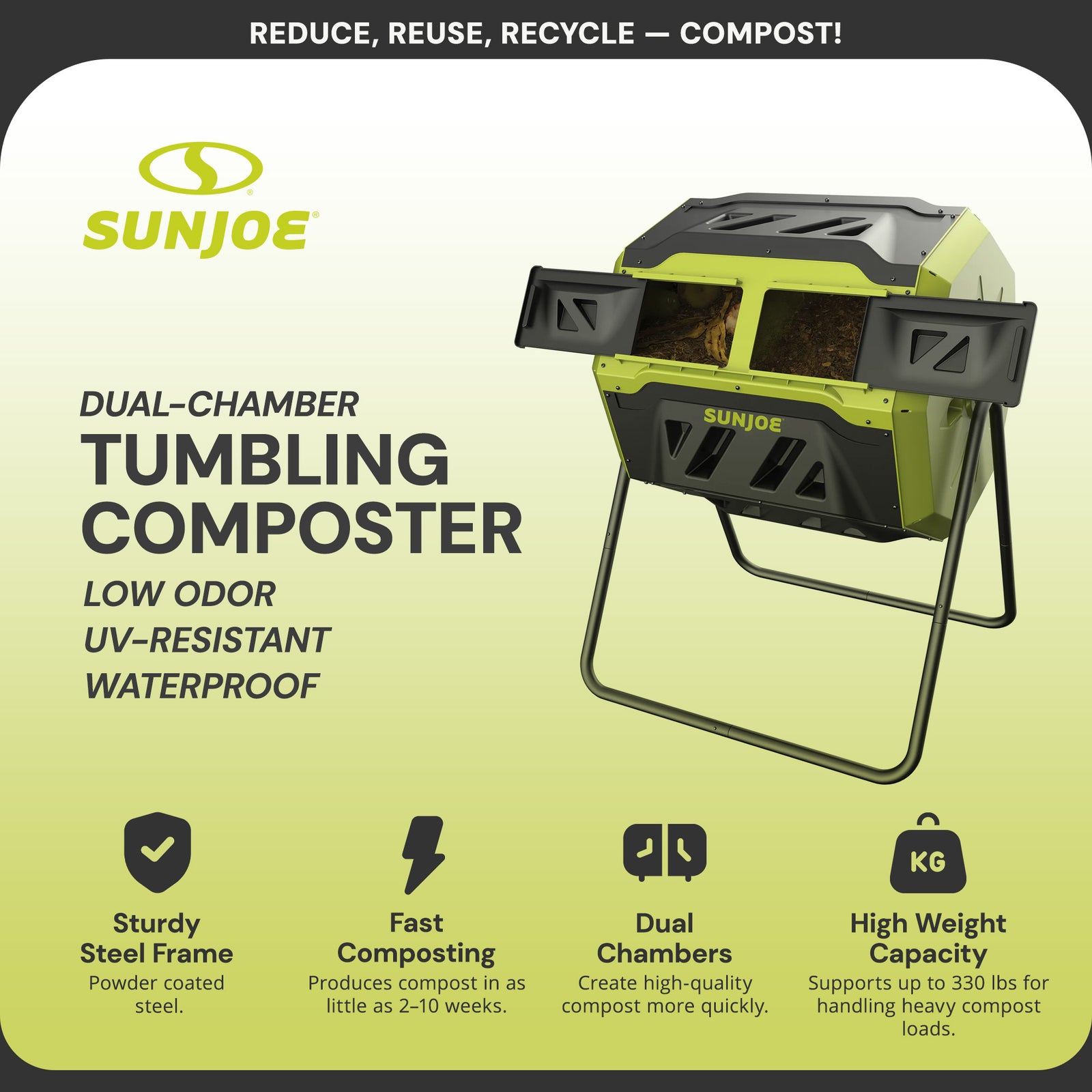Sun Joe Dual Chamber Tumbling Composter, Advanced Aeration, 42 Gallon, SJ-CMPS1 - VMInnovations