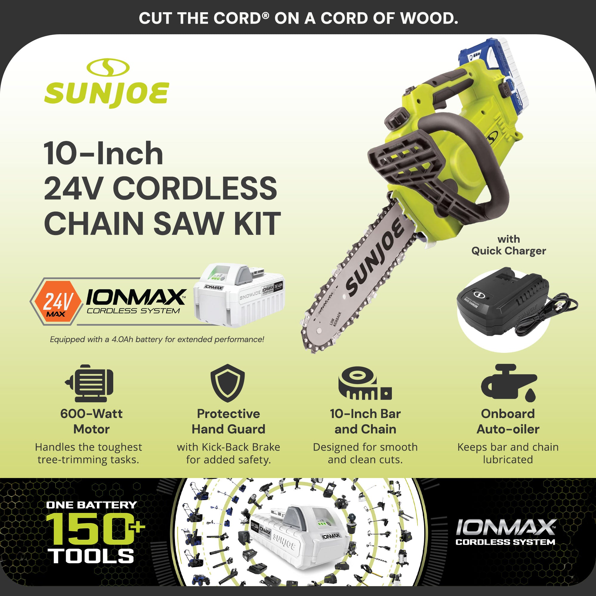 Sun Joe 10" Cordless Chain Saw, 24V Wood Cutting Tool Kit with Battery, 24V-10CS