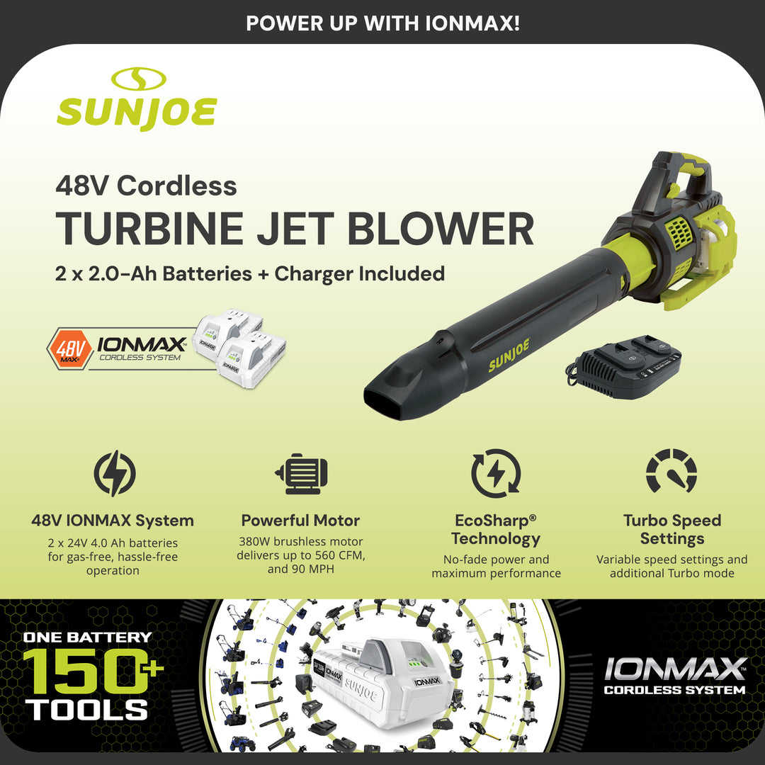 Sun Joe Cordless Brushless Turbine Jet Blower with Battery/Charger, 24V-X2-JB500