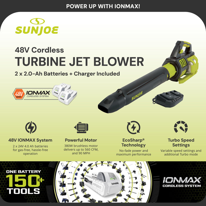 Sun Joe Cordless Brushless Turbine Jet Blower with Battery/Charger, 24V-X2-JB500
