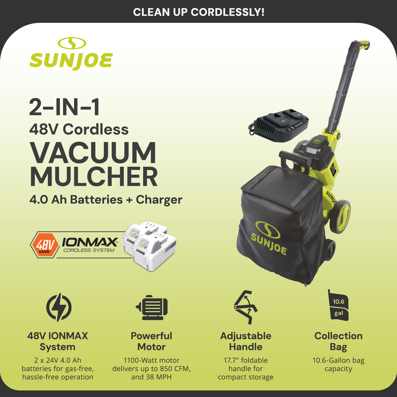 Sun Joe 48V Cordless Garden Vacuum/Mulch Kit with Battery & Charger, 24V-X2-OGV - VMInnovations