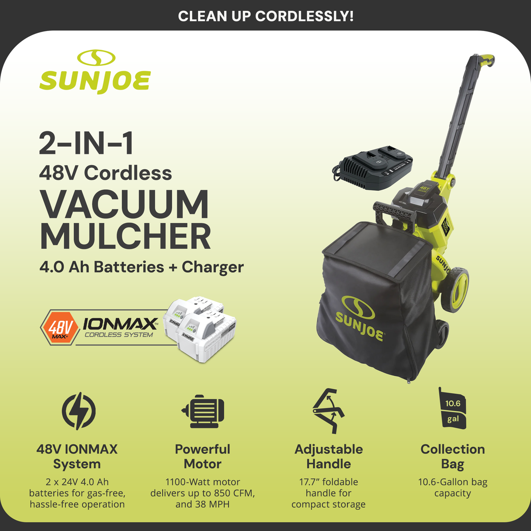 Sun Joe 48V Cordless Garden Vacuum Kit w/Battery & Charger, 24V-X2-OGV(Open Box)