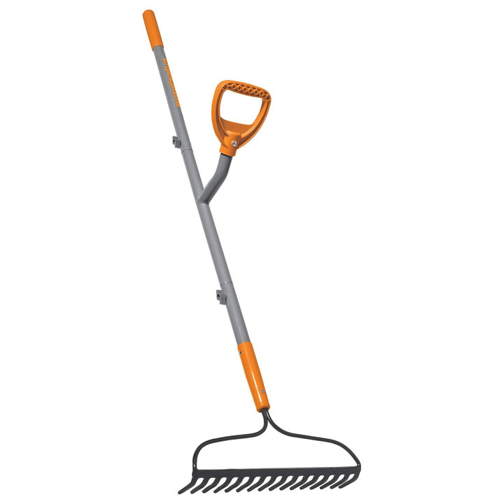 ErgieShovel 54 Inch 16 Tine Bow Rake with Ergonomic Dual Handles, Gray/Orange