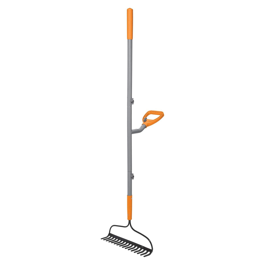 ErgieShovel 54 Inch 16 Tine Bow Rake with Ergonomic Dual Handles, Gray/Orange