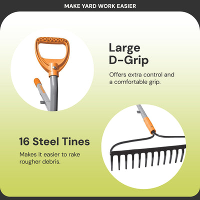 ErgieShovel 54 Inch Steel Bow Rake, Ergonomic Dual Handles, 16 Tines, ERG-BWRK16 - VMInnovations