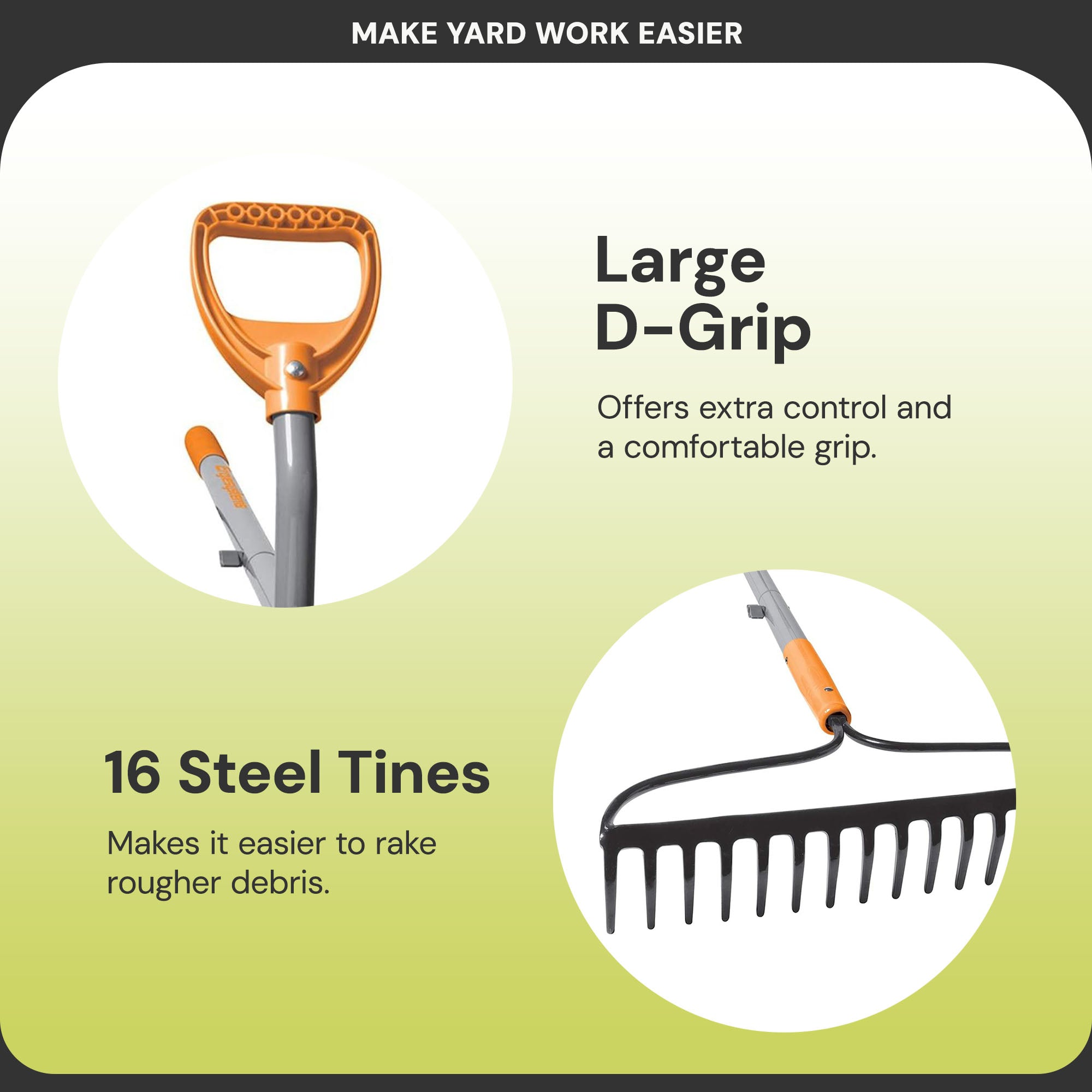 ErgieShovel 54 Inch Steel Bow Rake, Ergonomic Dual Handles, 16 Tines (Open Box) - VMInnovations