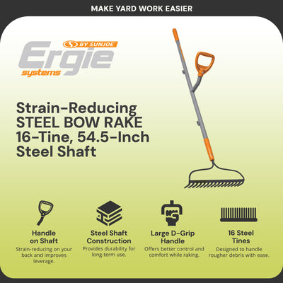 ErgieShovel 54 Inch Steel Bow Rake, Ergonomic Dual Handles, 16 Tines (Open Box) - VMInnovations