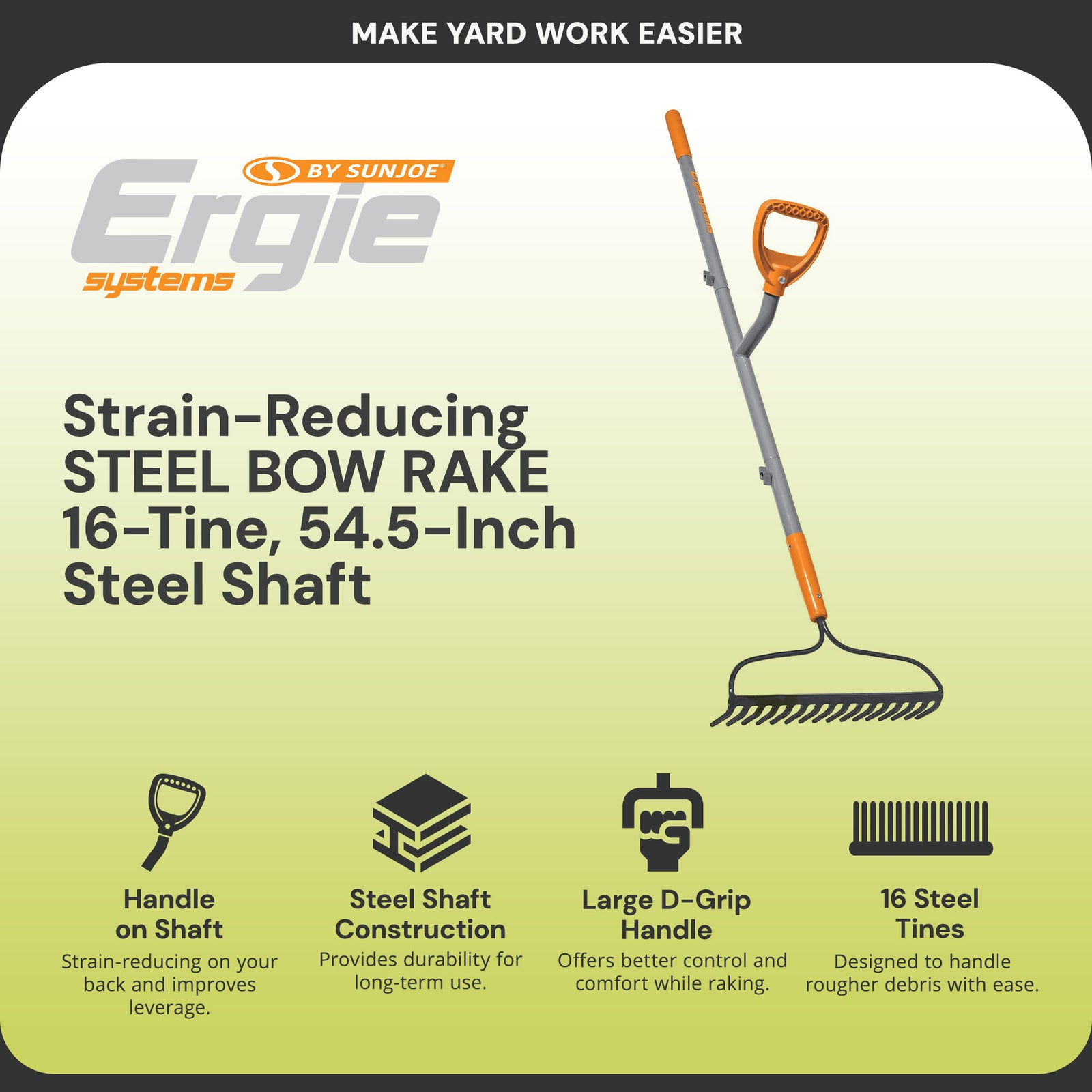 ErgieShovel 54 Inch Steel Bow Rake, Ergonomic Dual Handles, 16 Tines, ERG-BWRK16 - VMInnovations