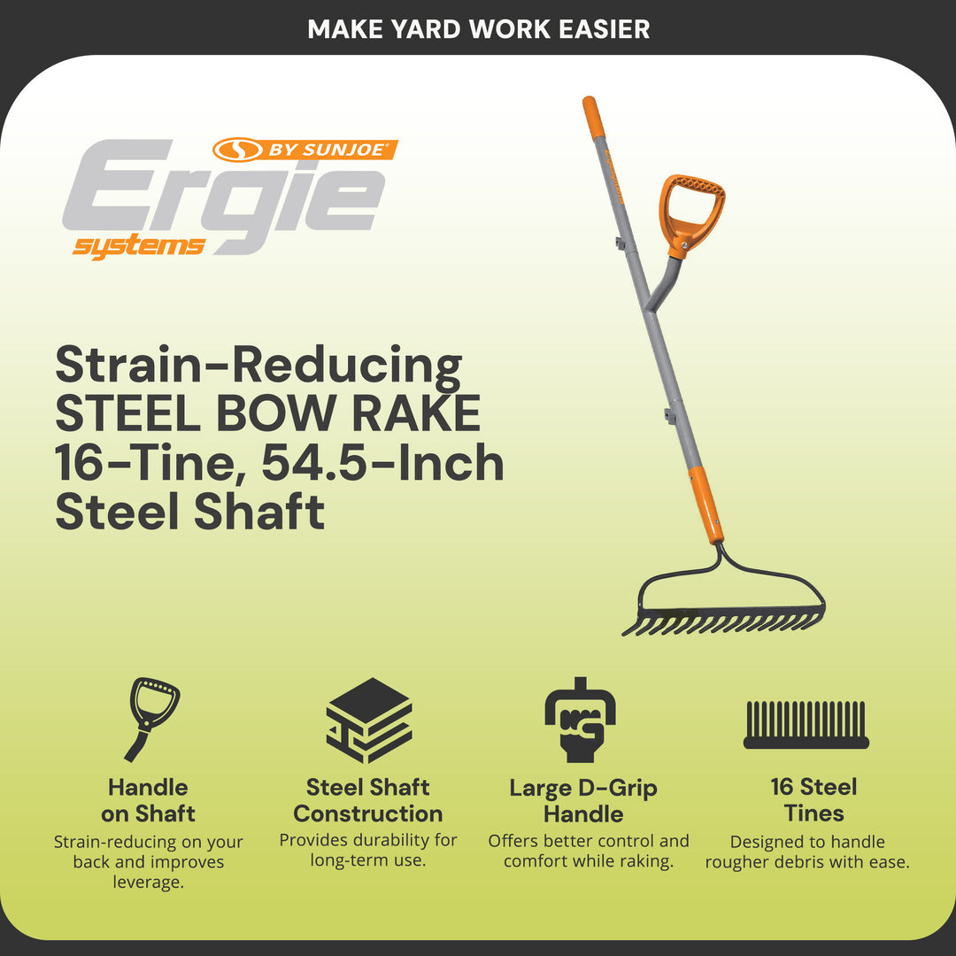 ErgieShovel 54 Inch Steel Bow Rake, Ergonomic Dual Handles, 16 Tines (Open Box)